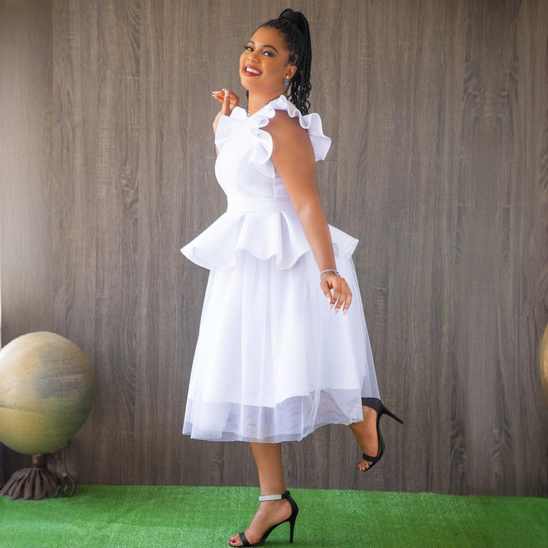 White Mesh Ruffle A-Line Midi Dress
