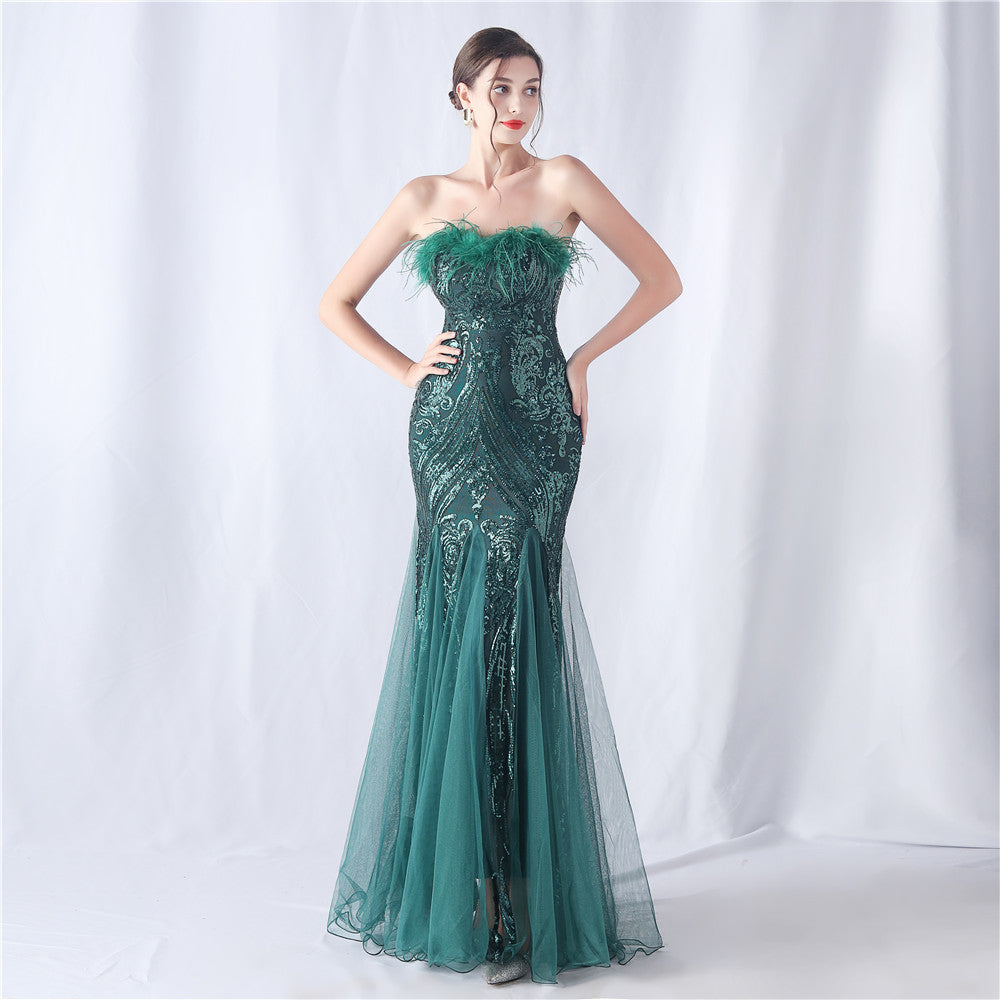 Feather & Sequin Tube Top Evening Dress