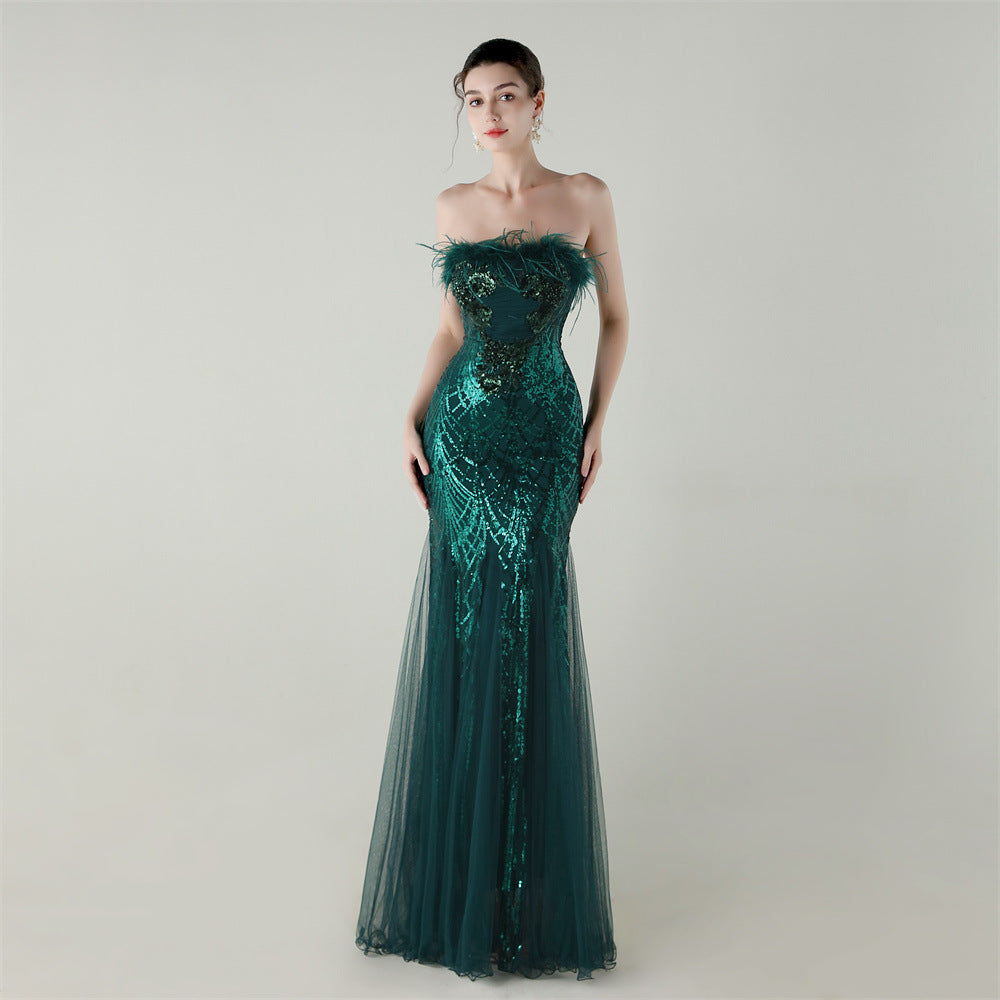 Sequin & Feather Strapless Fishtail Dress