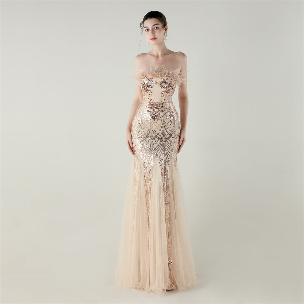 Sequin & Feather Strapless Fishtail Dress