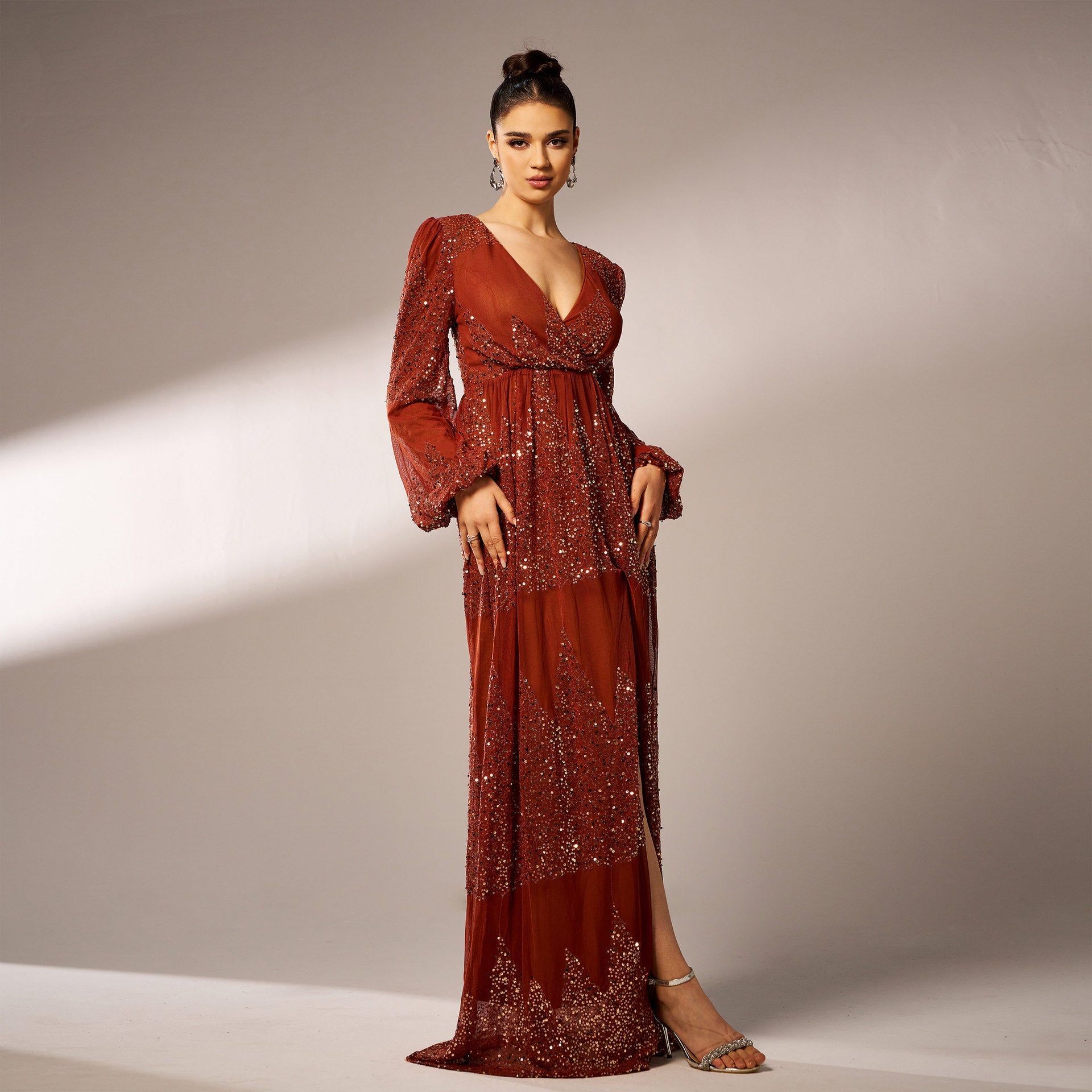 Long-Sleeve Sequined Bridesmaid Dress