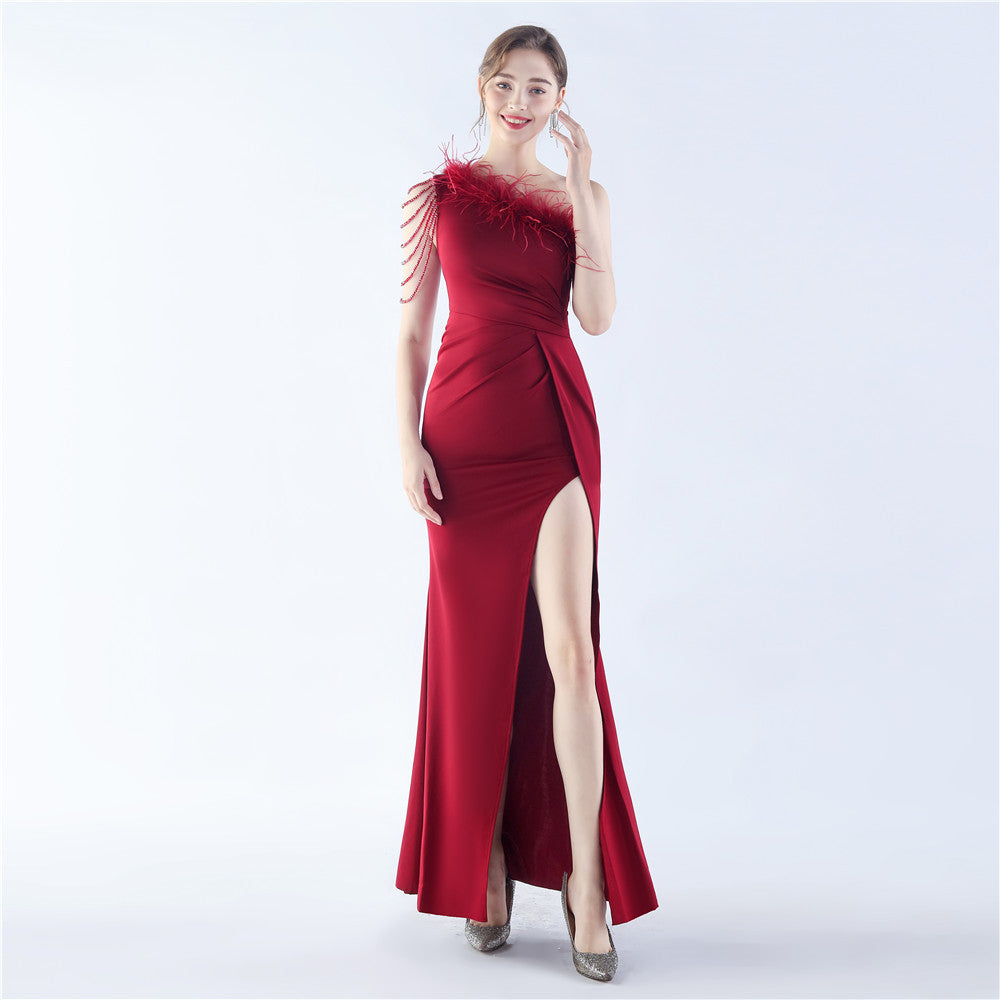 Beaded Ostrich Feather Evening Dress