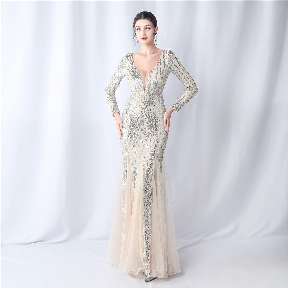 Long-Sleeve Sequin Mesh Evening Dress