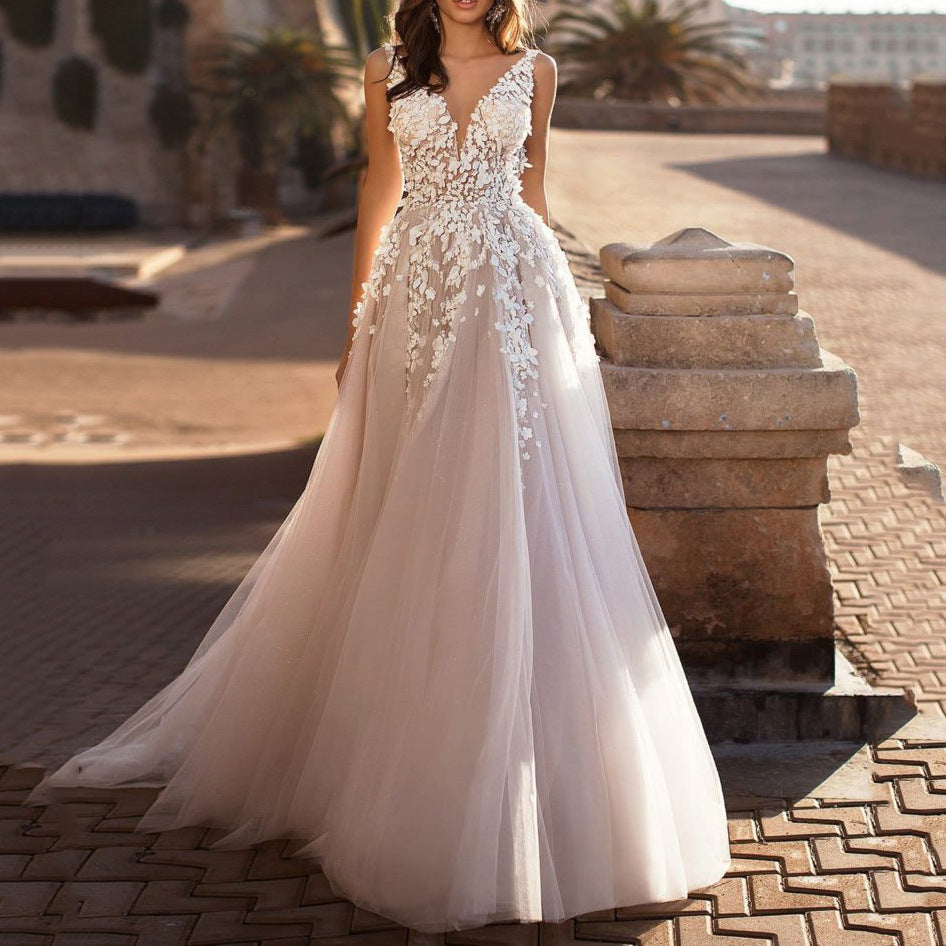 Deep V-Neck Backless Lace Wedding Dress