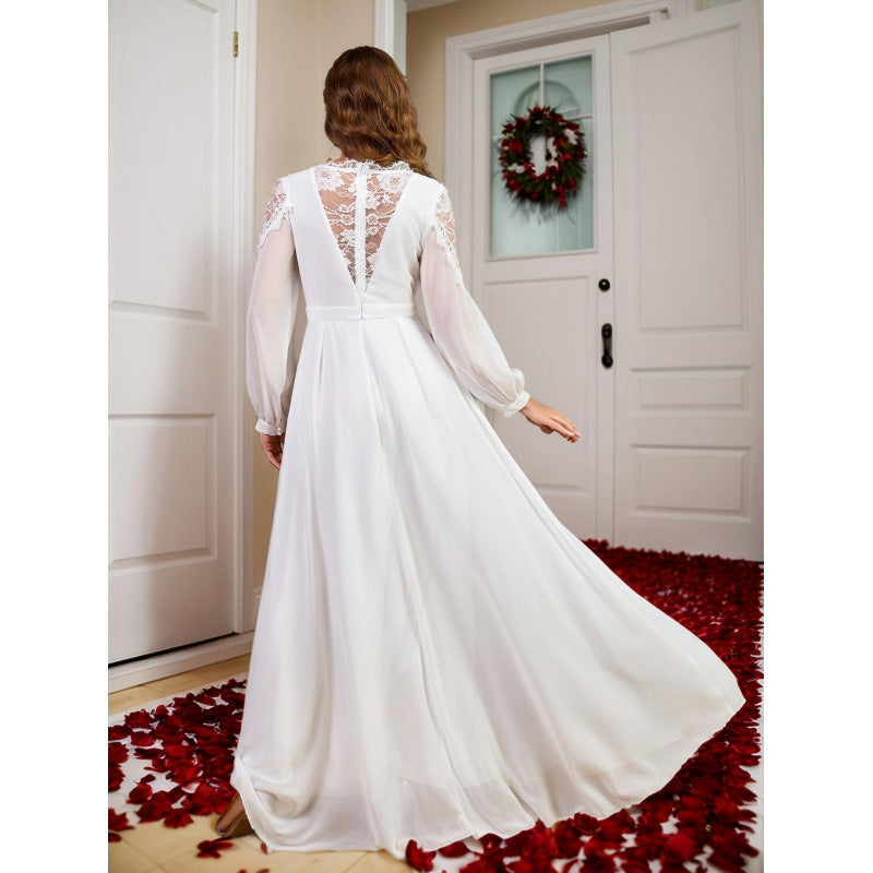 Long-Sleeve Lace Patchwork Evening Dress