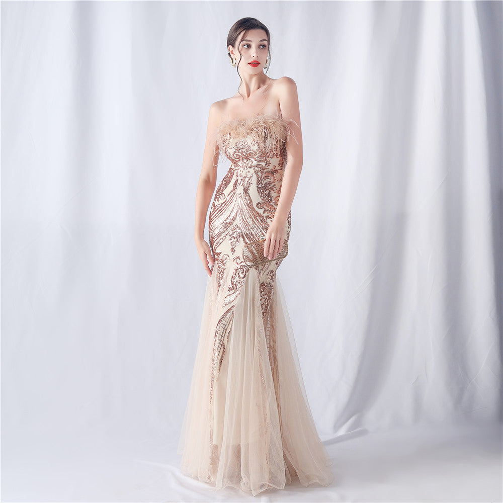 Feather & Sequin Tube Top Evening Dress