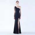Beaded One-Shoulder Split Satin Gown