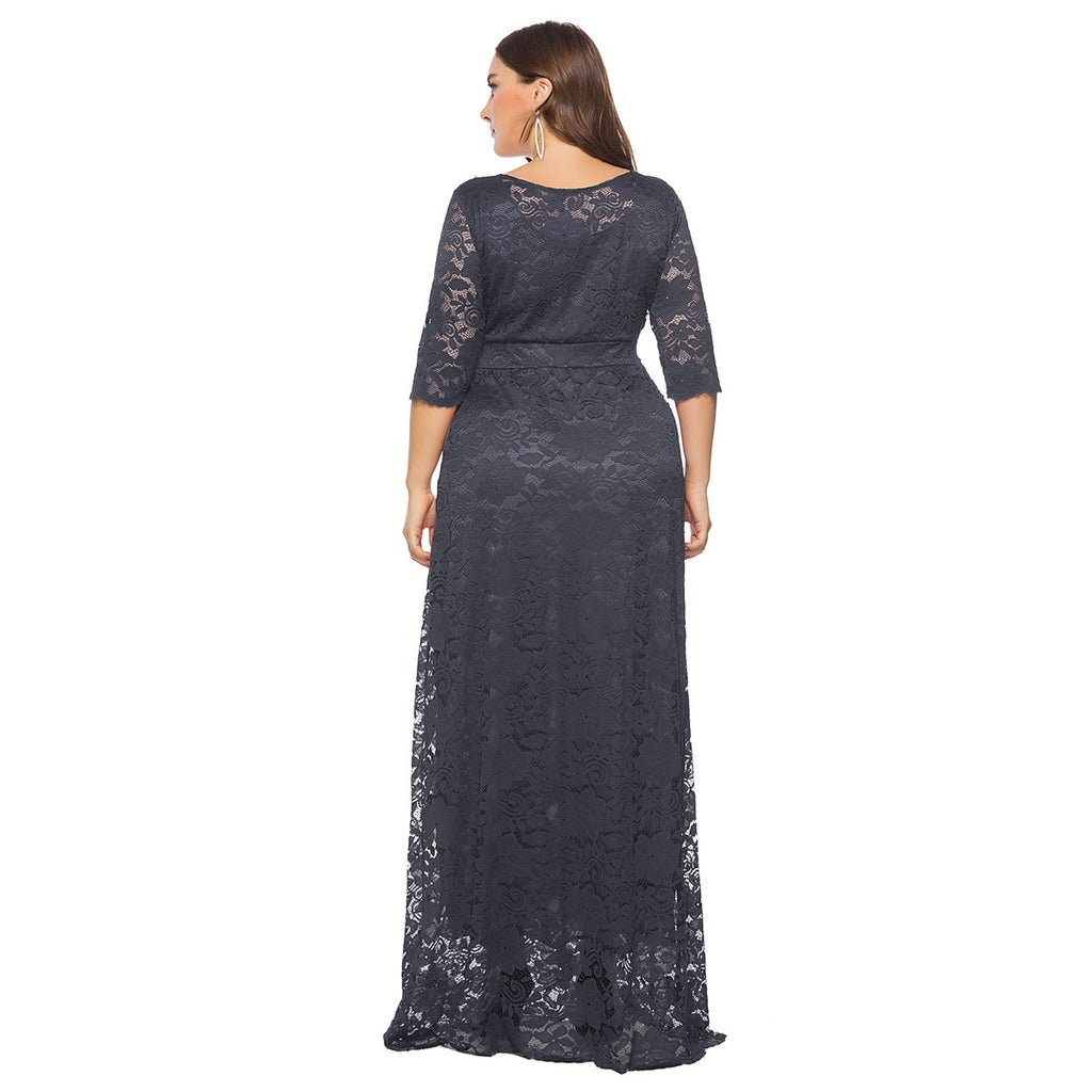 Amazon's Hot-Selling European and American Cross-Border Plus Size Women's New Lace Pocket Evening Dress Bridesmaid Dress