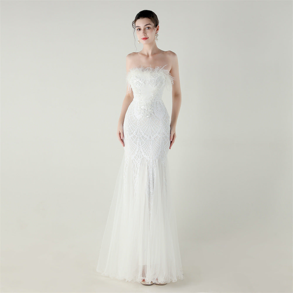 Sequin & Feather Strapless Fishtail Dress