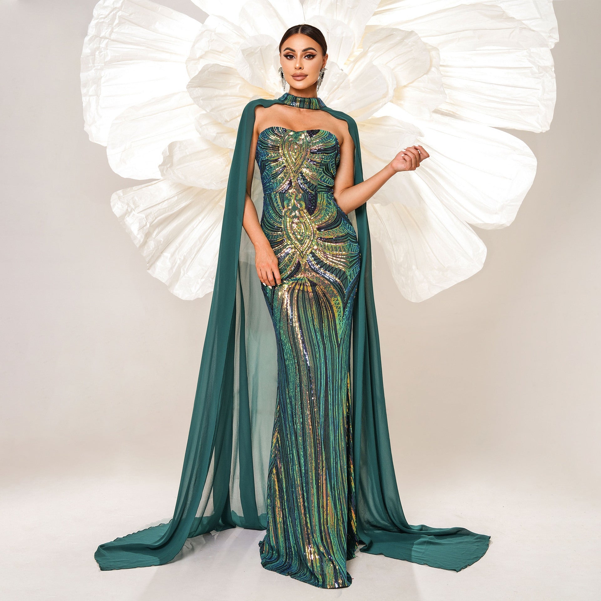 Sequined Cape Fishtail Bridesmaid Dress