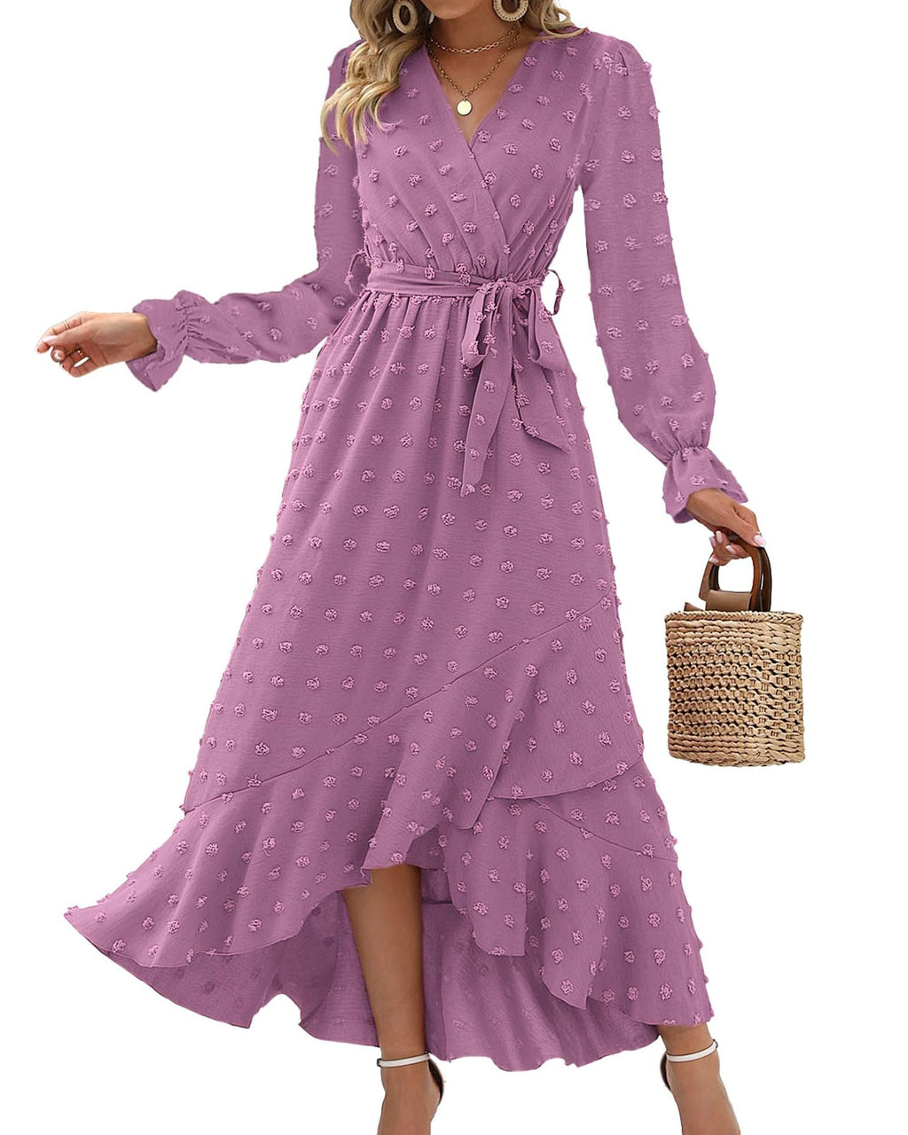 Polka-Dot Long-Sleeve Wrap Dress