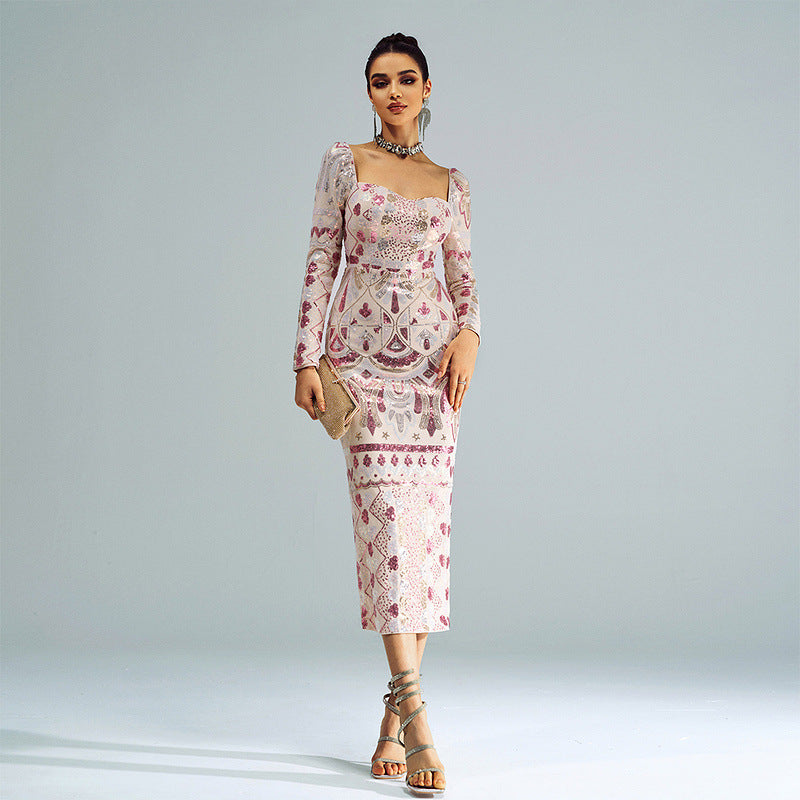 Square-Neck Sequined Bridesmaid Dress