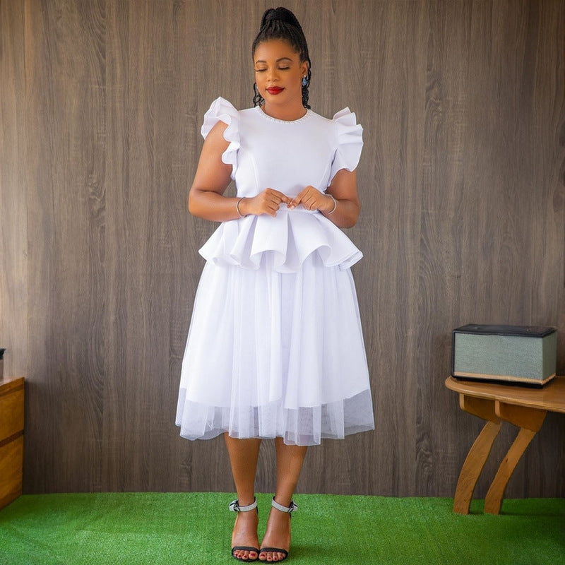 White Mesh Ruffle A-Line Midi Dress