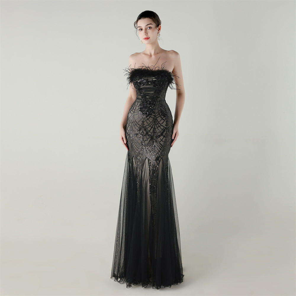 Sequin & Feather Strapless Fishtail Dress