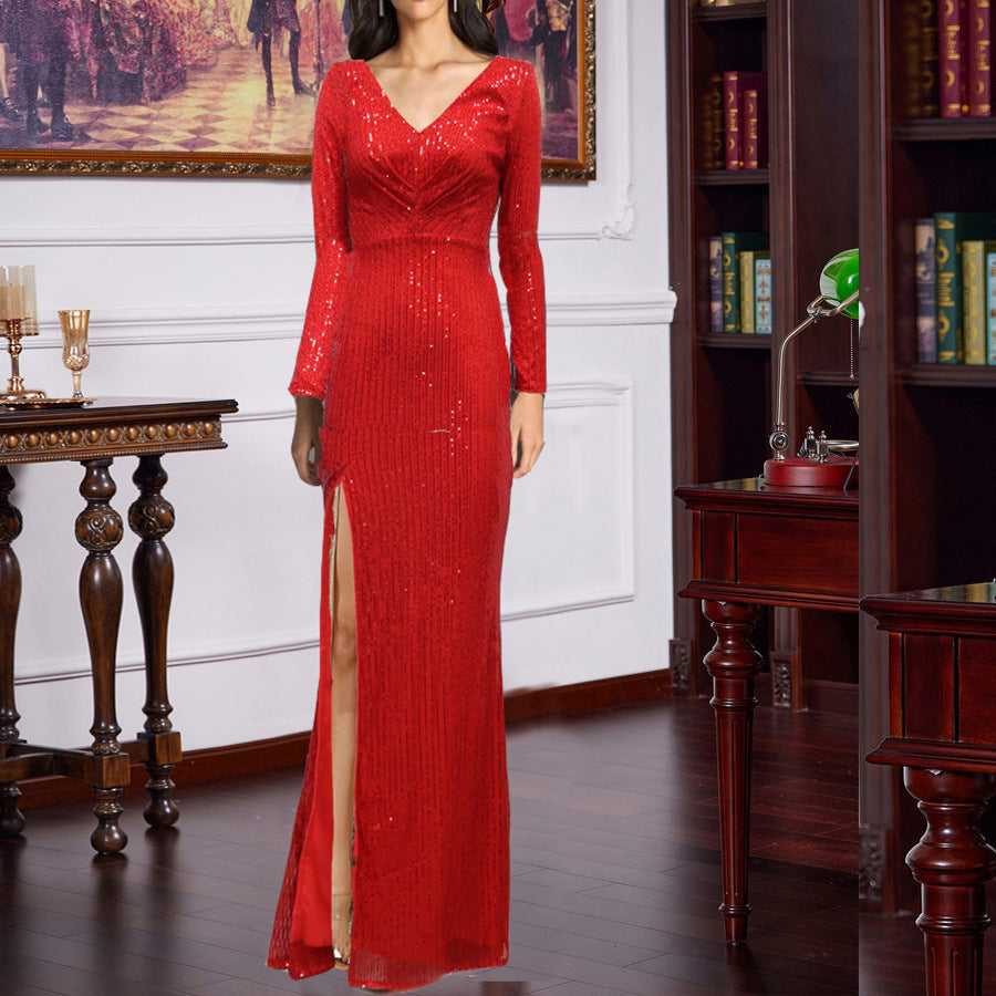 Long-Sleeve Sequined Evening Dress