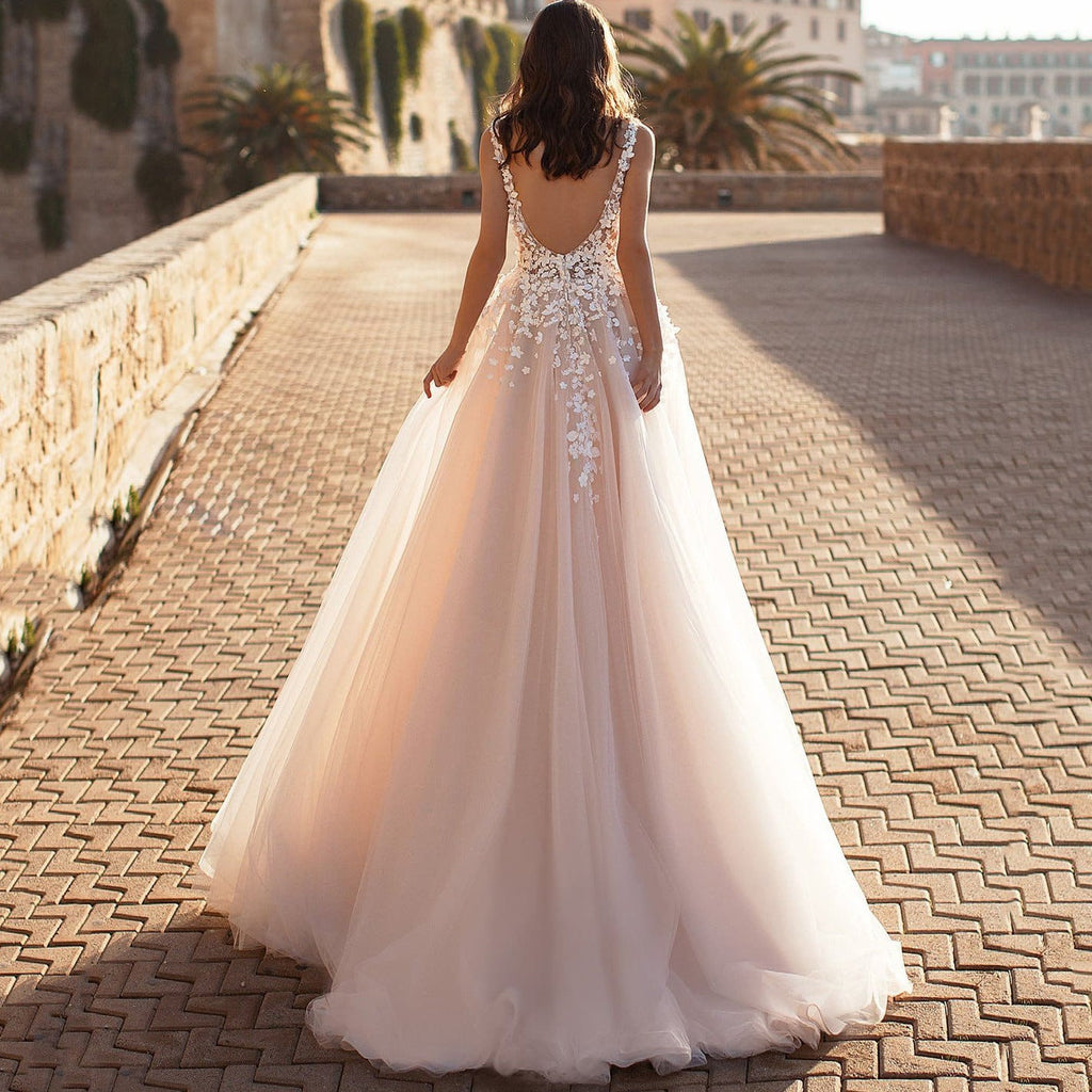 Deep V-Neck Backless Lace Wedding Dress