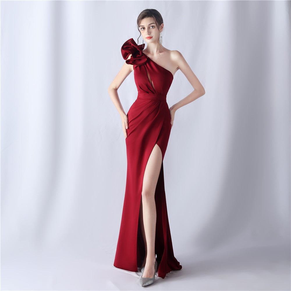 One-Shoulder 3D Floral Evening Dress