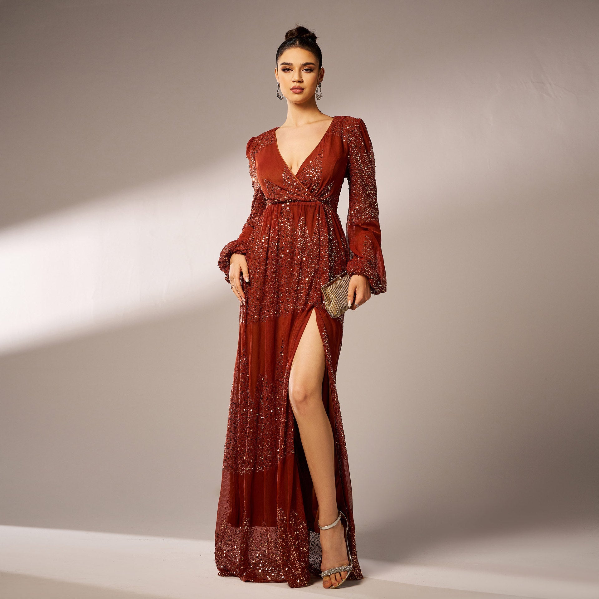 Long-Sleeve Sequined Bridesmaid Dress