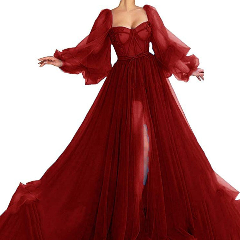 Long-Sleeve Mesh Evening Dress