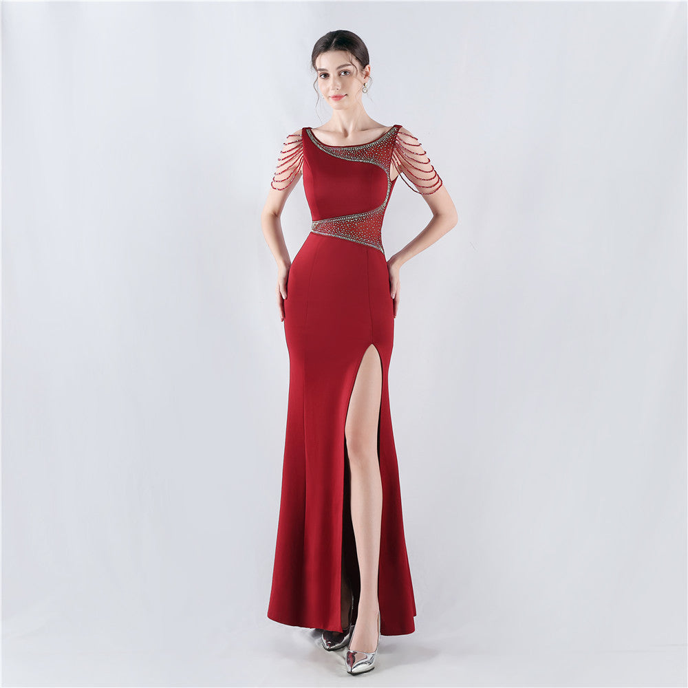 Rhinestone Mesh Slit Evening Dress