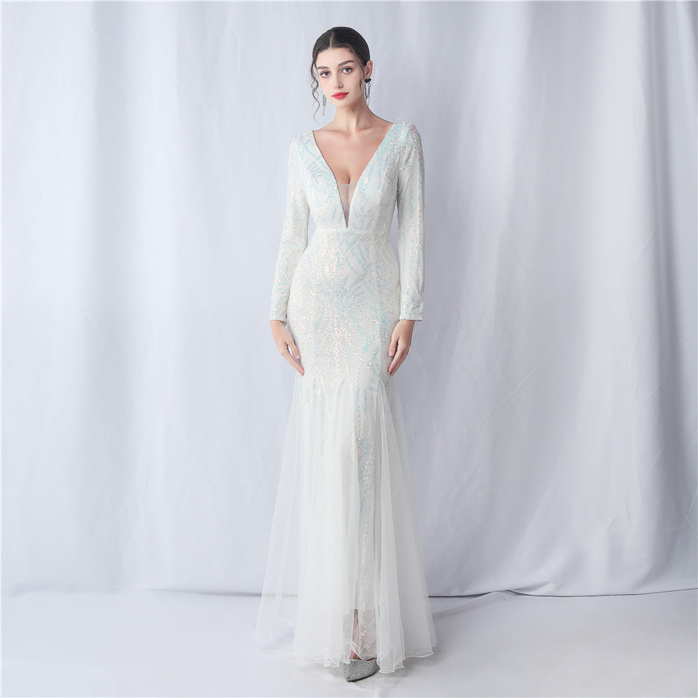 Long-Sleeve Sequin Mesh Evening Dress