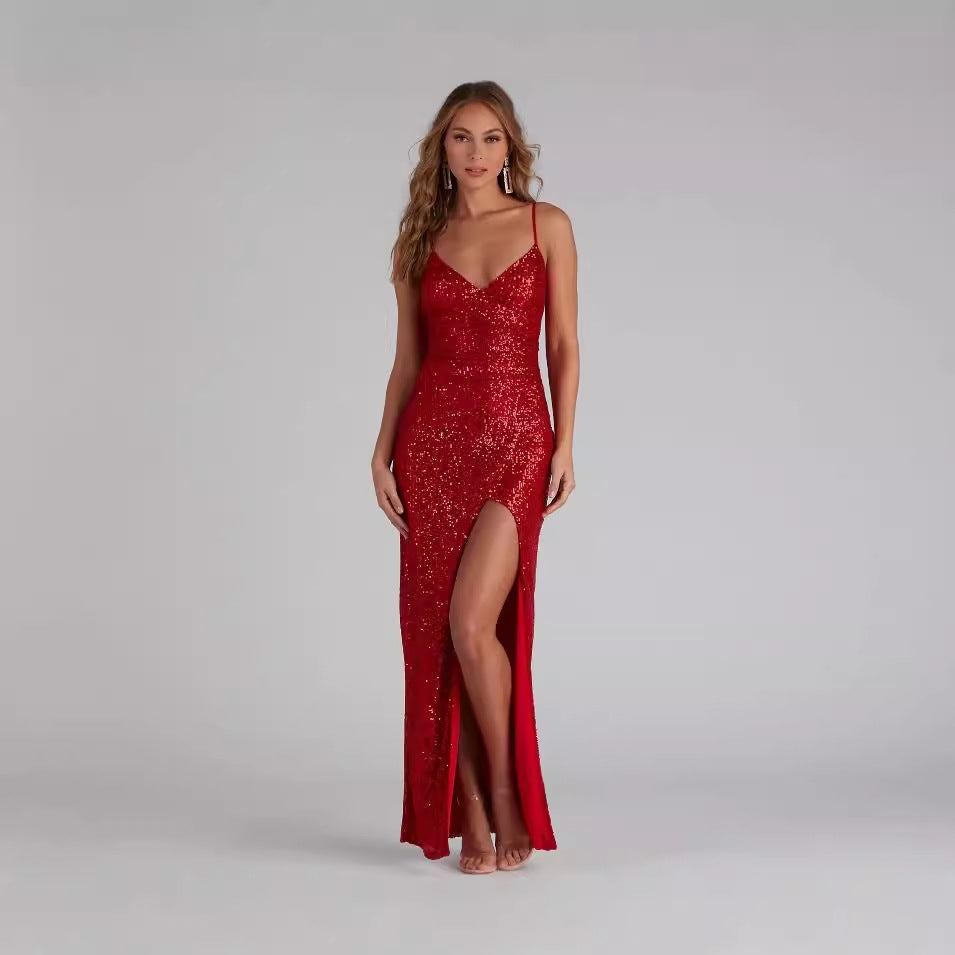 Sequin V-Neck Slip Evening Gown