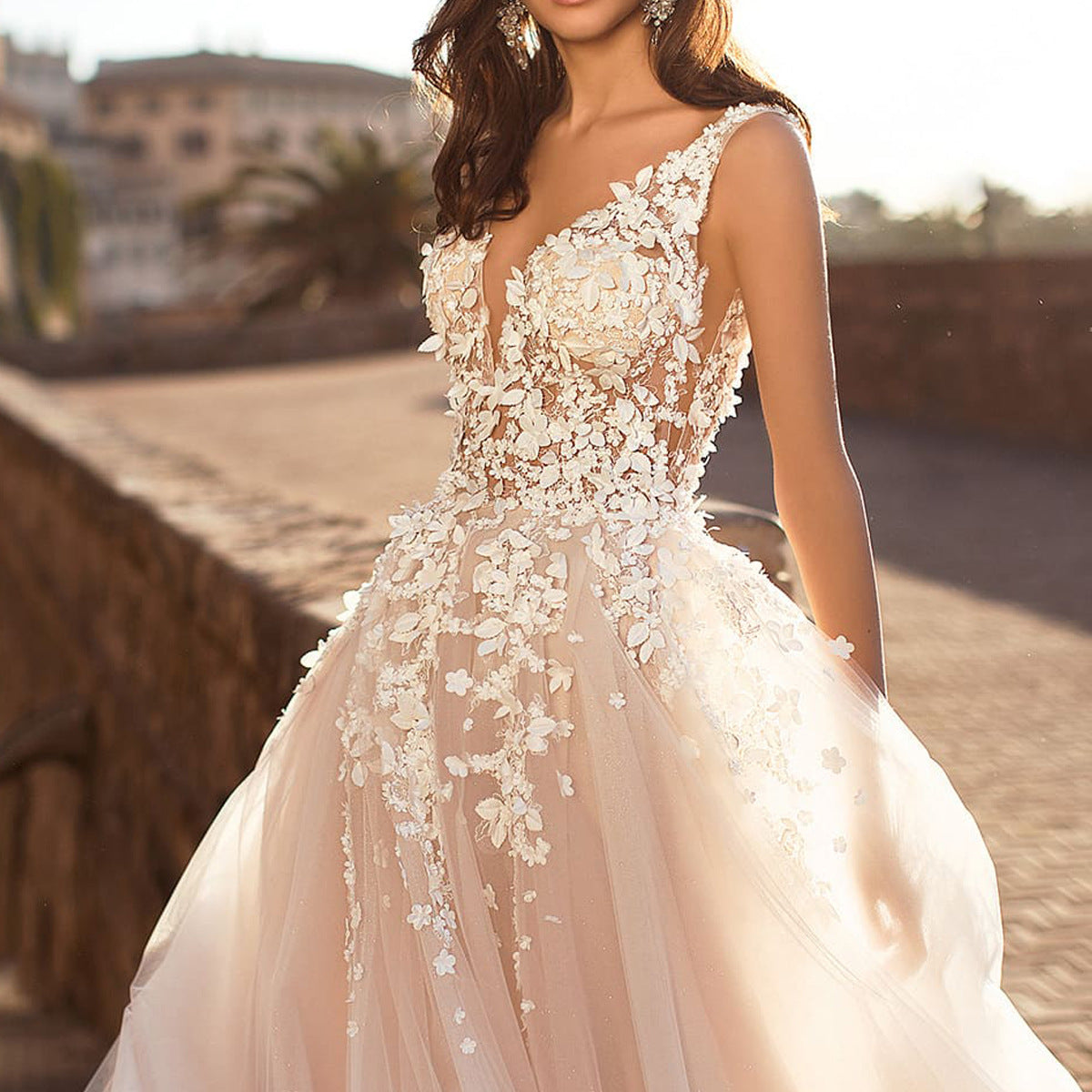 Deep V-Neck Backless Lace Wedding Dress