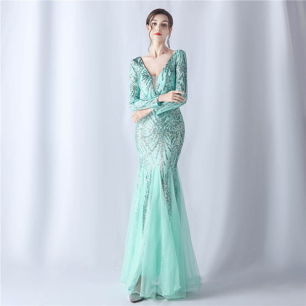 Long-Sleeve Sequin Mesh Evening Dress