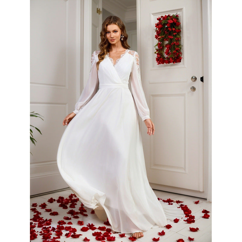 Long-Sleeve Lace Patchwork Evening Dress