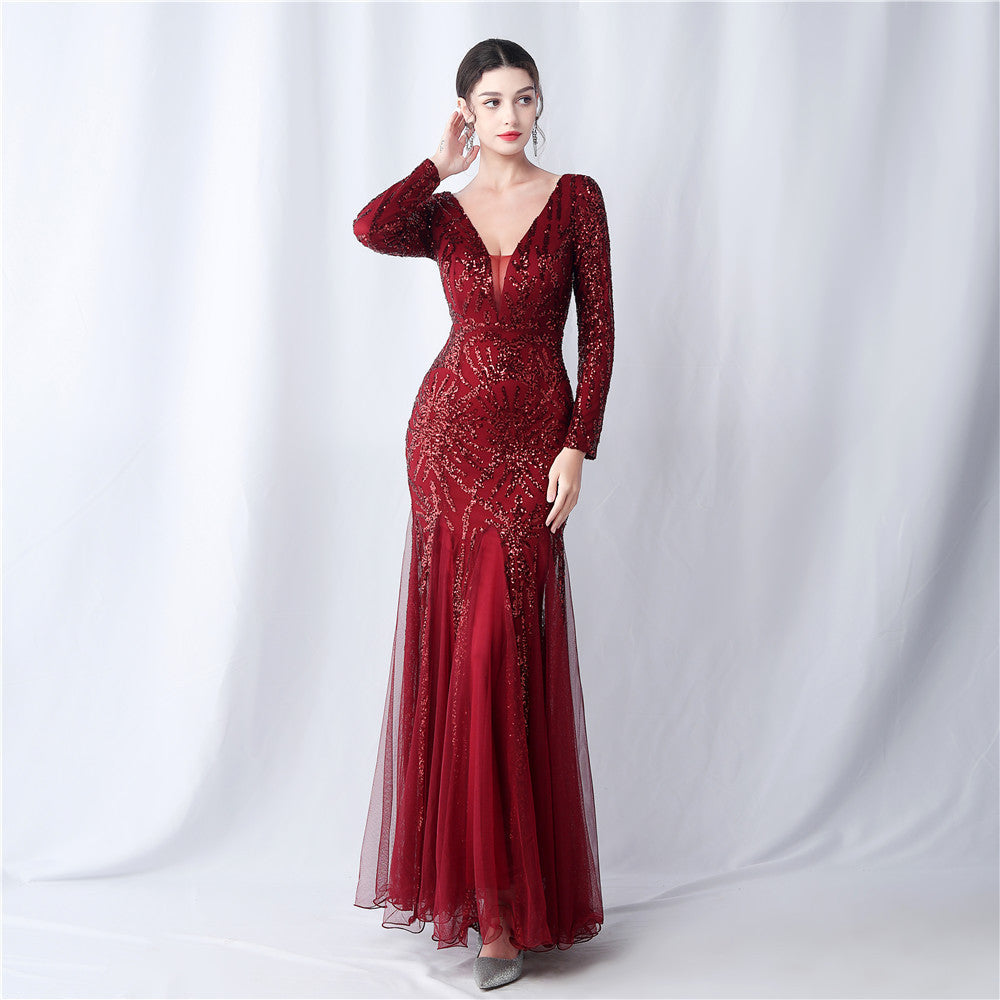 Long-Sleeve Sequin Mesh Evening Dress