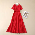 Blue Daily Lace Dress Red Bridesmaid Dress Women's 2025 Summer New Bright Diamond Round Neck Bow Belt