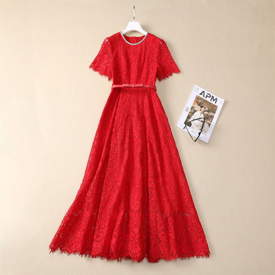 Blue Daily Lace Dress Red Bridesmaid Dress Women's 2025 Summer New Bright Diamond Round Neck Bow Belt