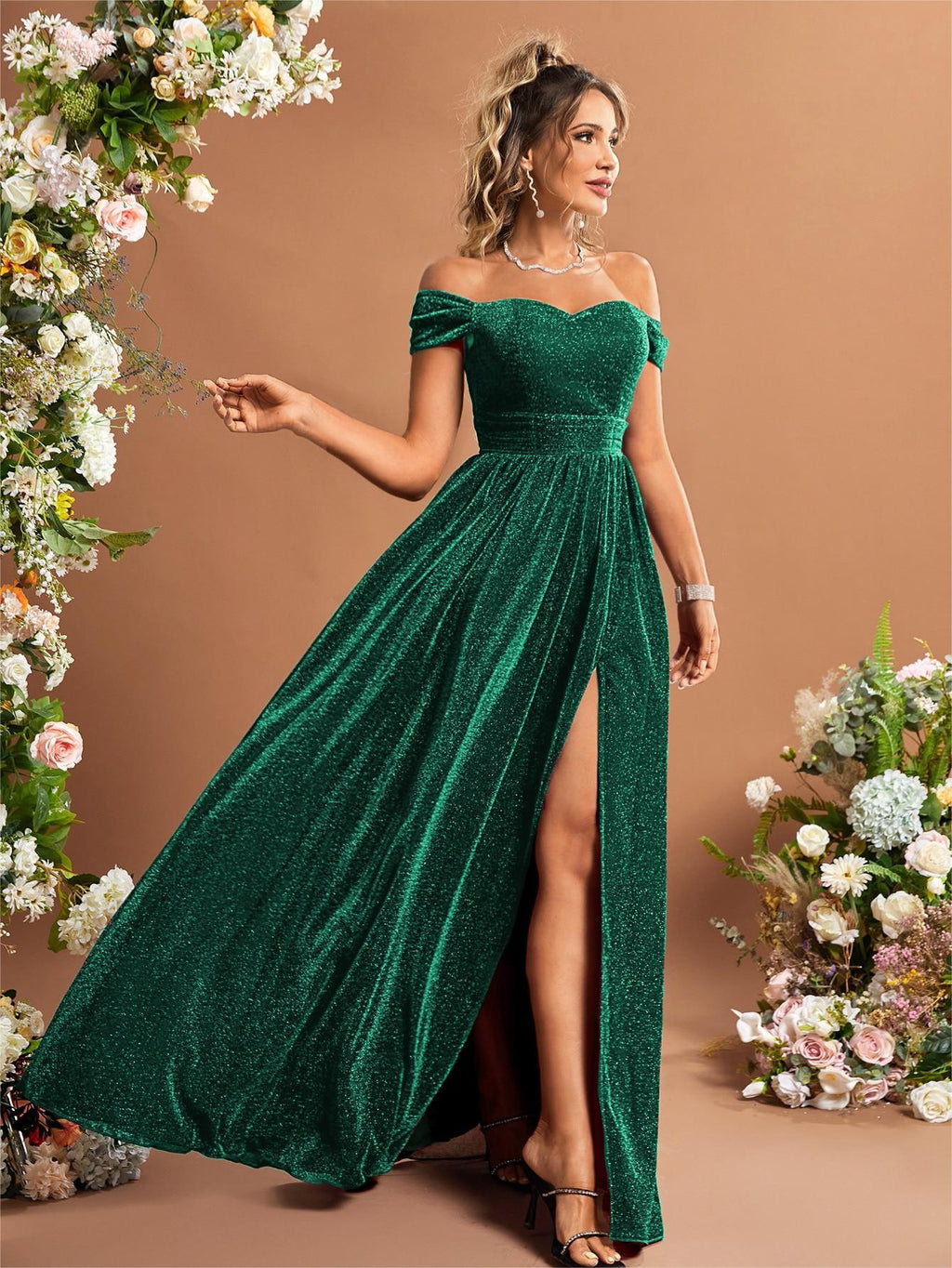 Off-Shoulder Metallic Swing Bridesmaid Dress