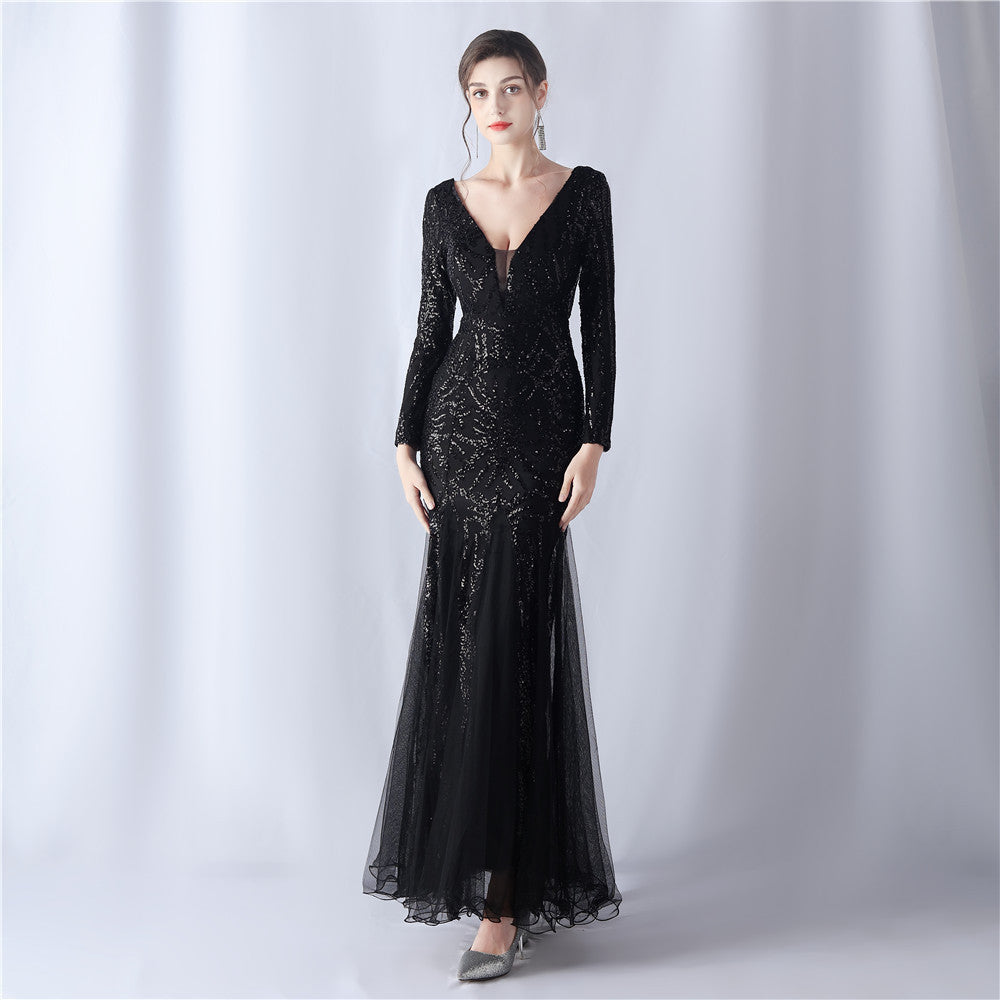 Long-Sleeve Sequin Mesh Evening Dress