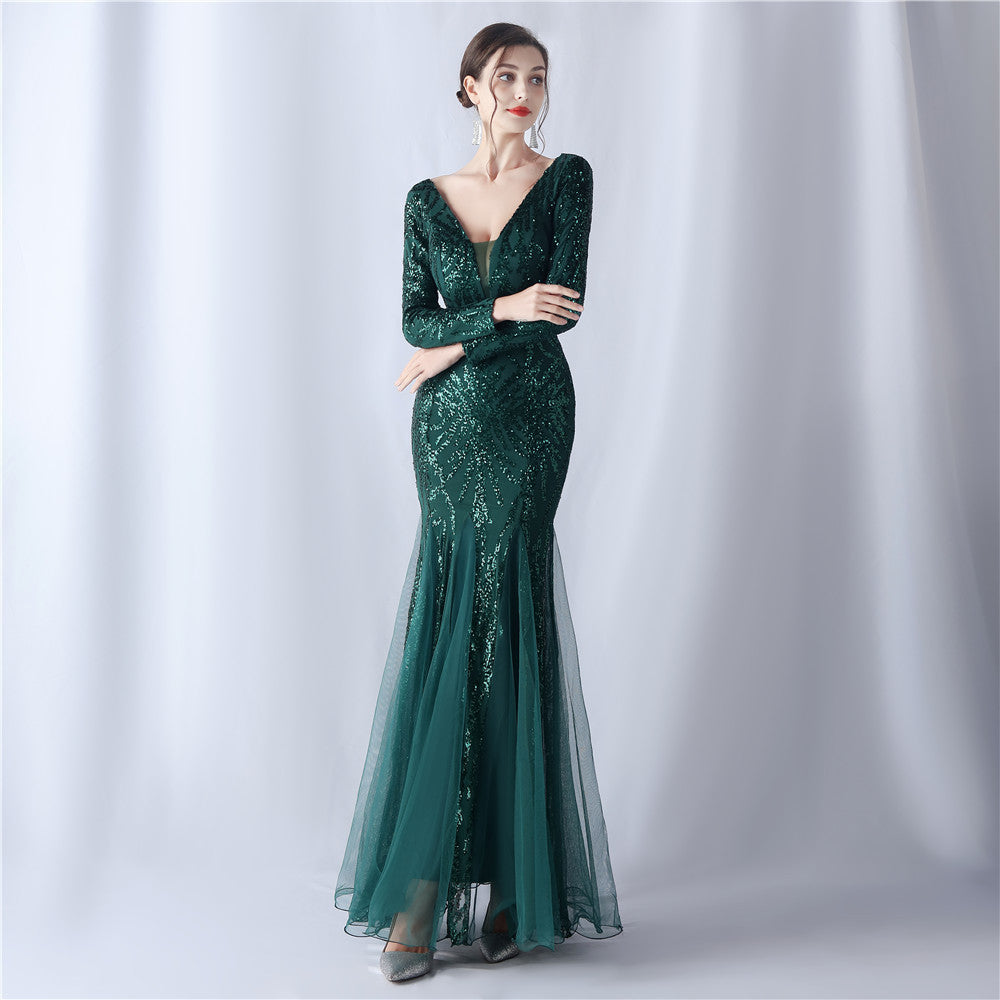 Long-Sleeve Sequin Mesh Evening Dress