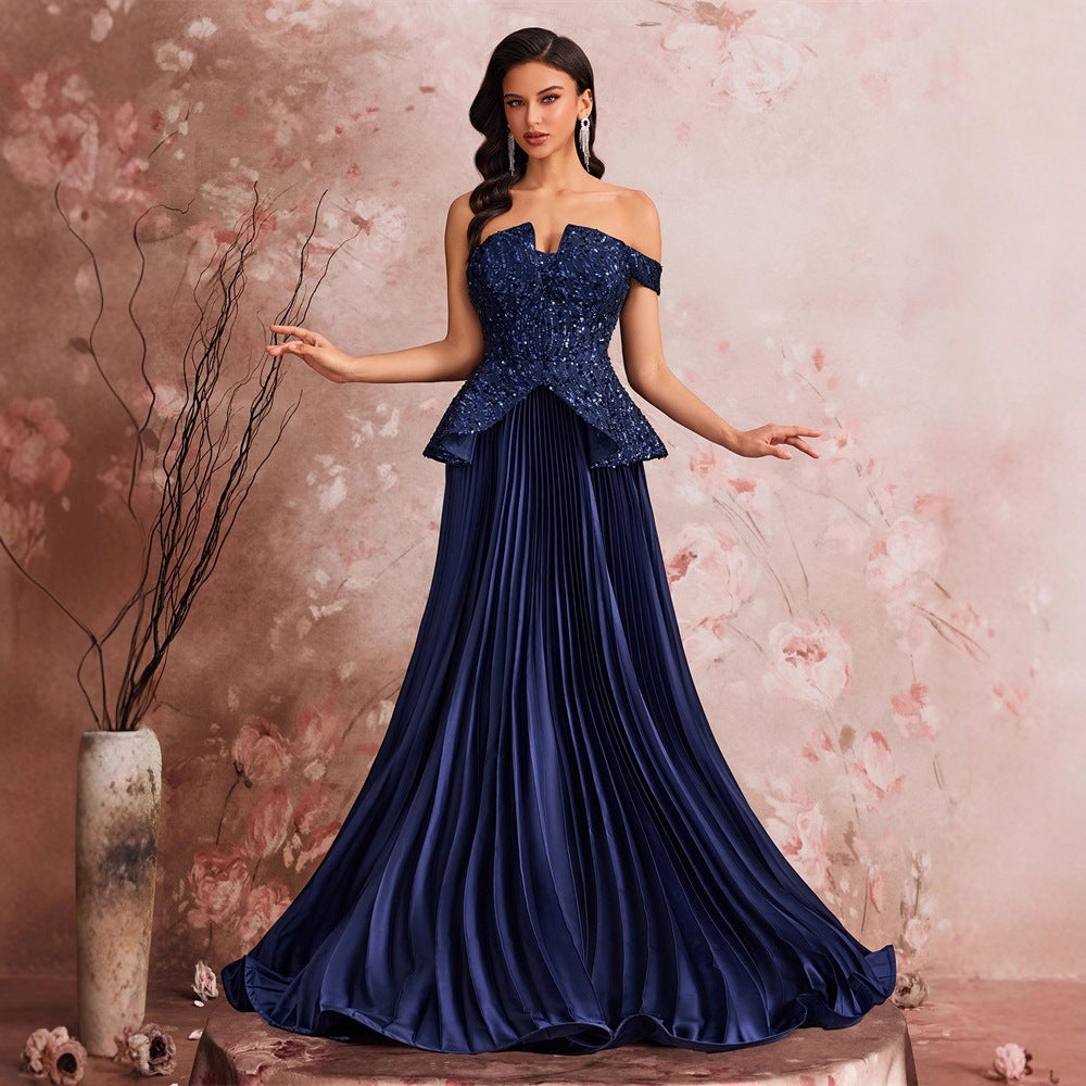 Navy Sequin One-Shoulder Bandeau Gown