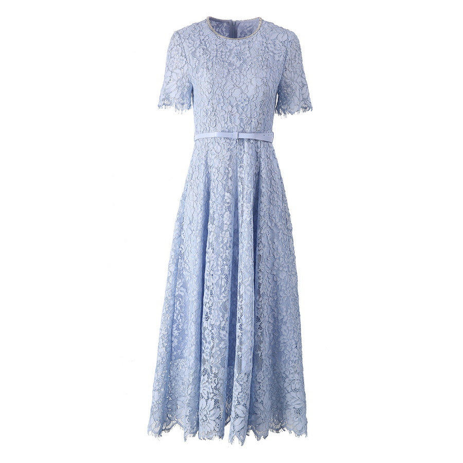 Blue Daily Lace Dress Red Bridesmaid Dress Women's 2025 Summer New Bright Diamond Round Neck Bow Belt