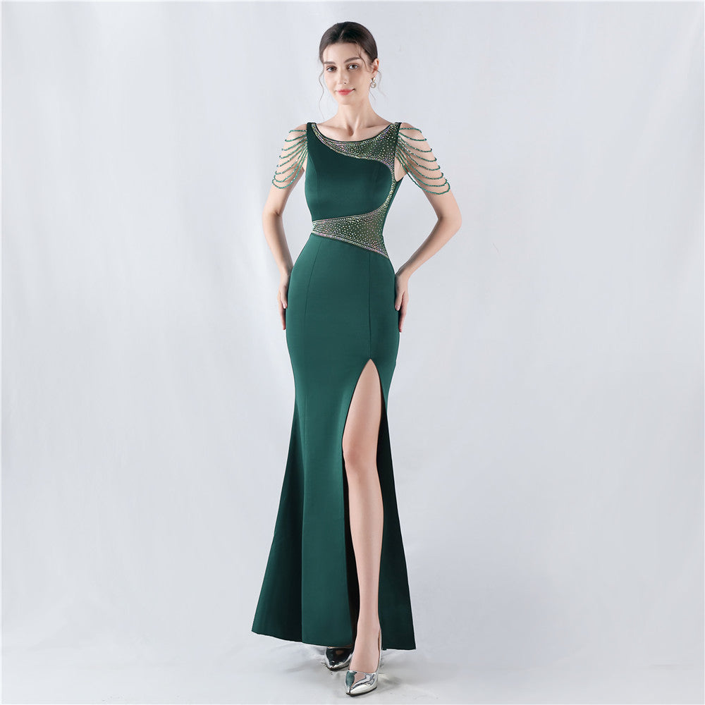 Rhinestone Mesh Slit Evening Dress