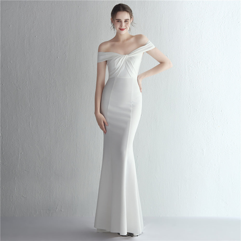 Off-Shoulder Twist Satin Fishtail Gown