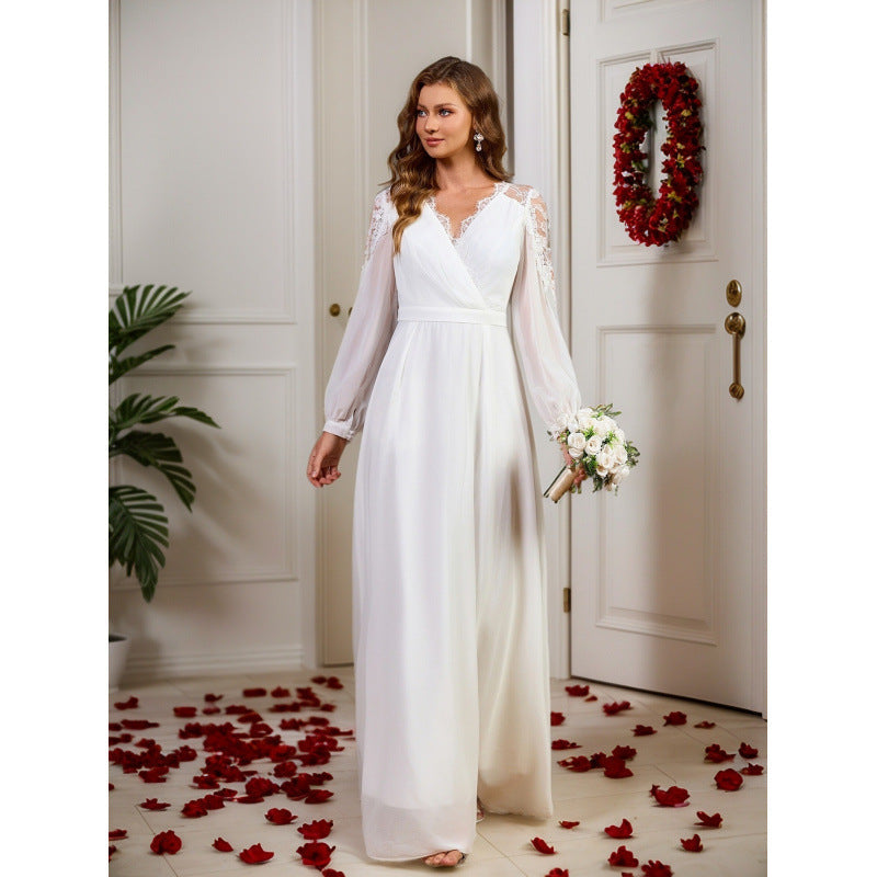 Long-Sleeve Lace Patchwork Evening Dress