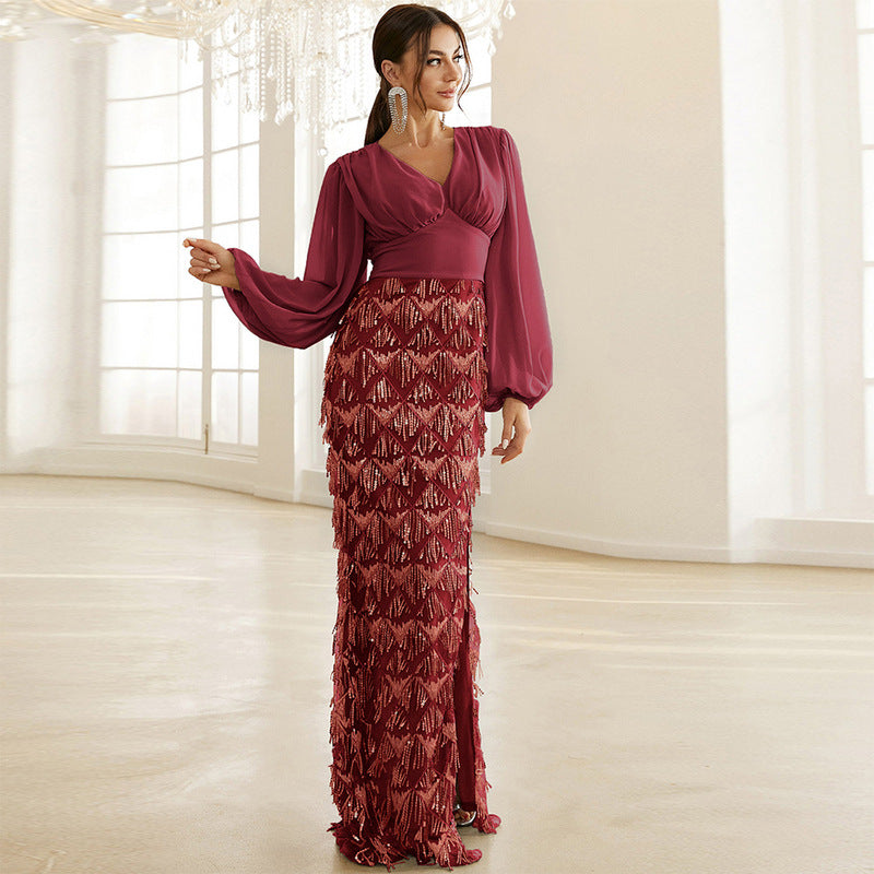 High-Waist Sequined Tassel Evening Dress