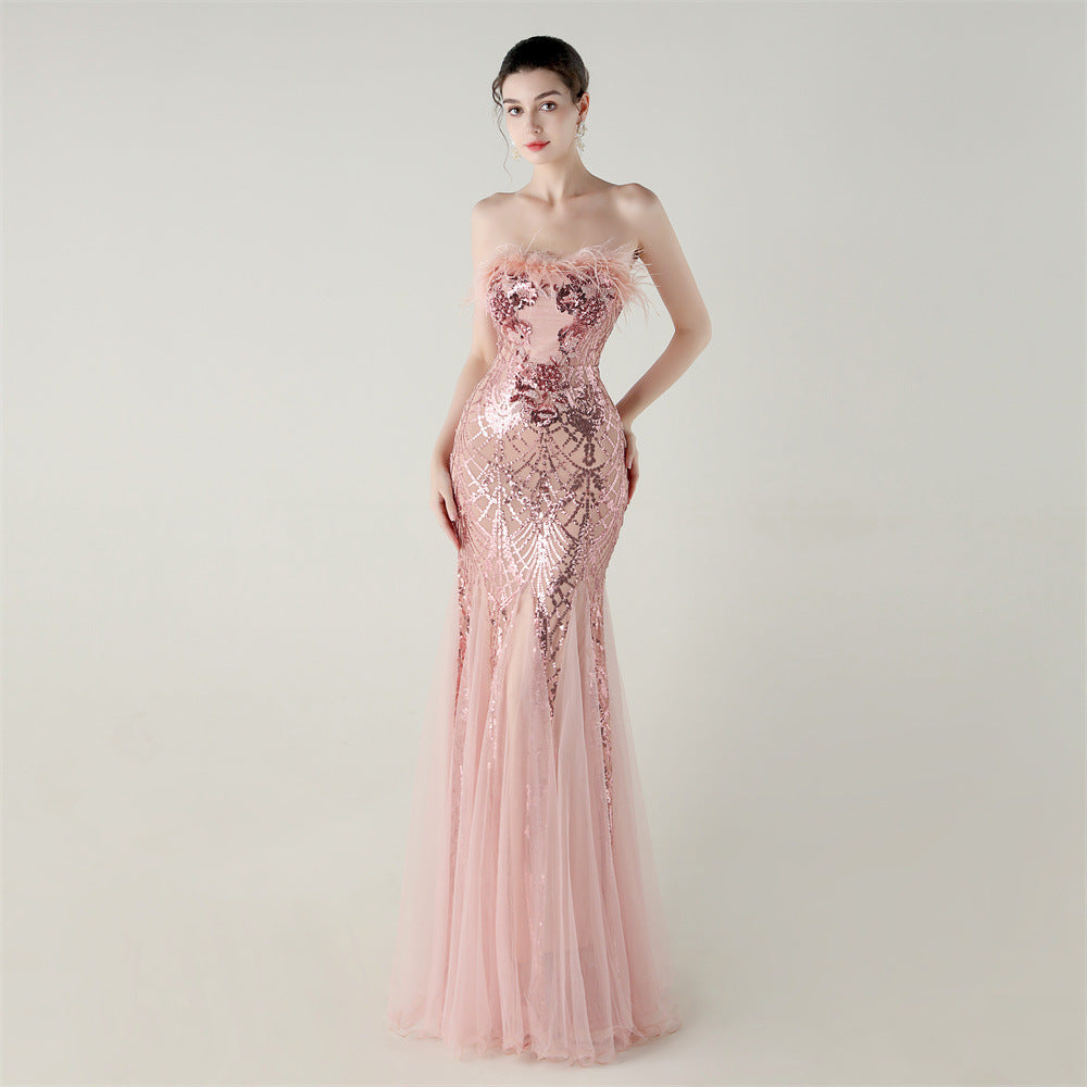Sequin & Feather Strapless Fishtail Dress