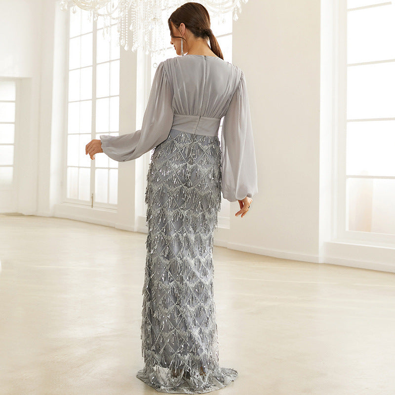 High-Waist Sequined Tassel Evening Dress