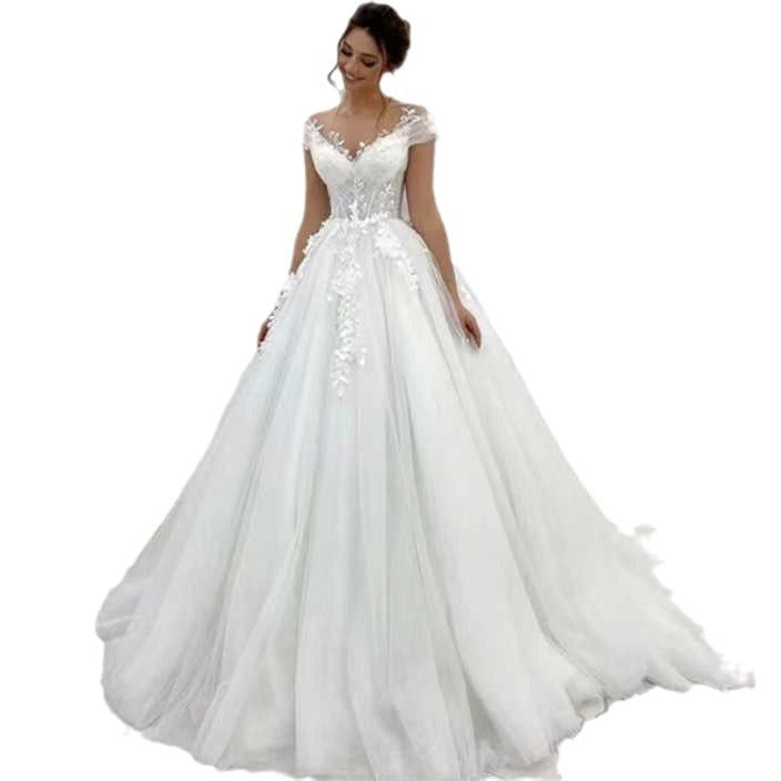Cross-border hot sale plus size small trailing mesh lace high waist double shoulder V-Neck Wedding dress main yarn for going out