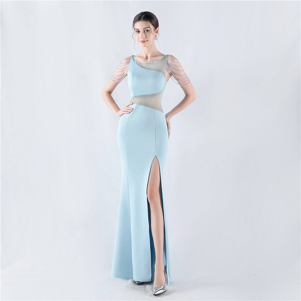 Rhinestone Mesh Slit Evening Dress