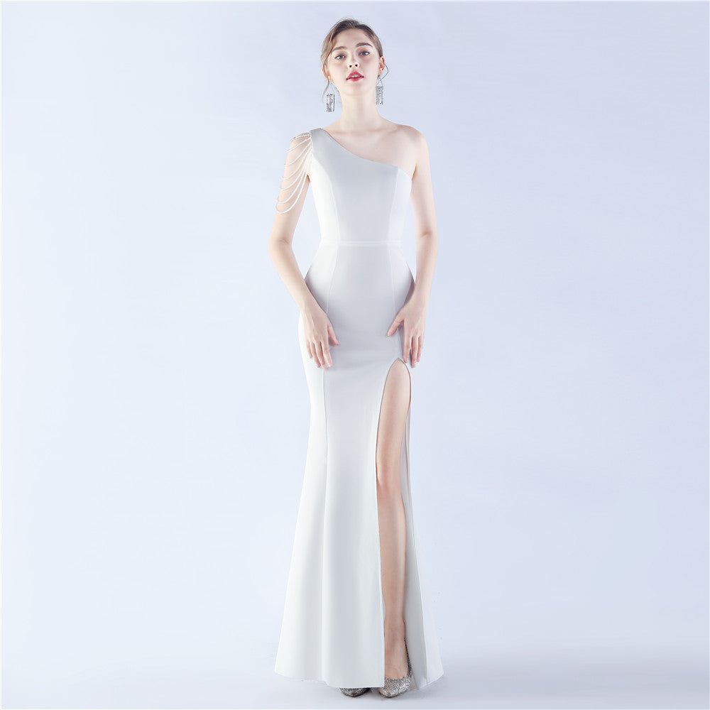 Beaded One-Shoulder Split Satin Gown