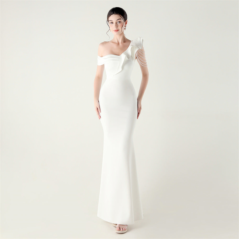 Ruffled One-Shoulder Beaded Satin Fishtail Gown
