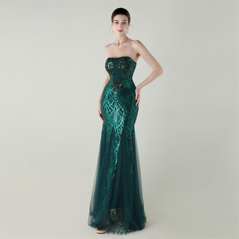 Floral Sequin Mesh Strapless Cocktail Dress