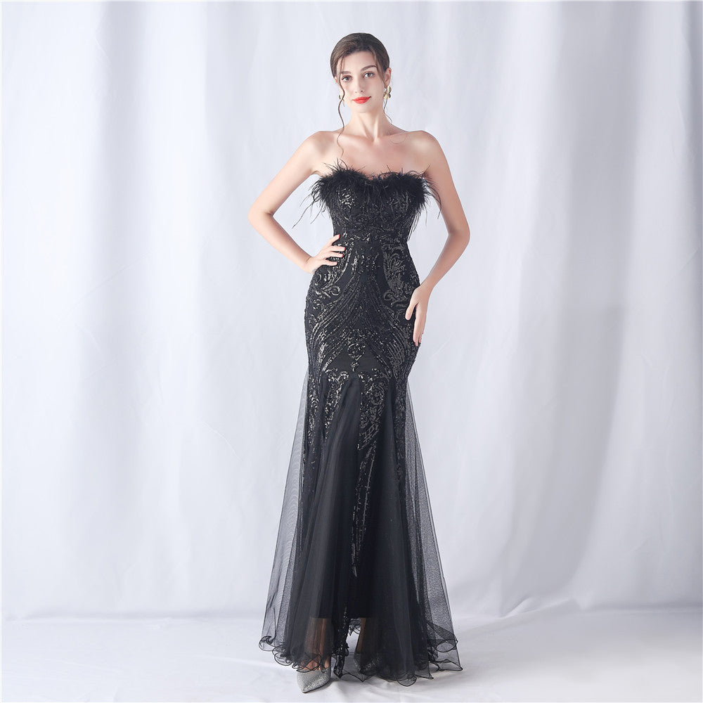 Feather & Sequin Tube Top Evening Dress