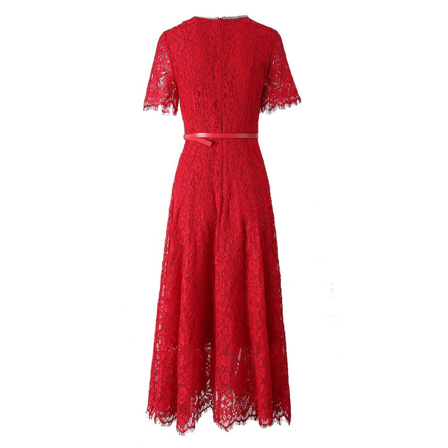 Blue Daily Lace Dress Red Bridesmaid Dress Women's 2025 Summer New Bright Diamond Round Neck Bow Belt